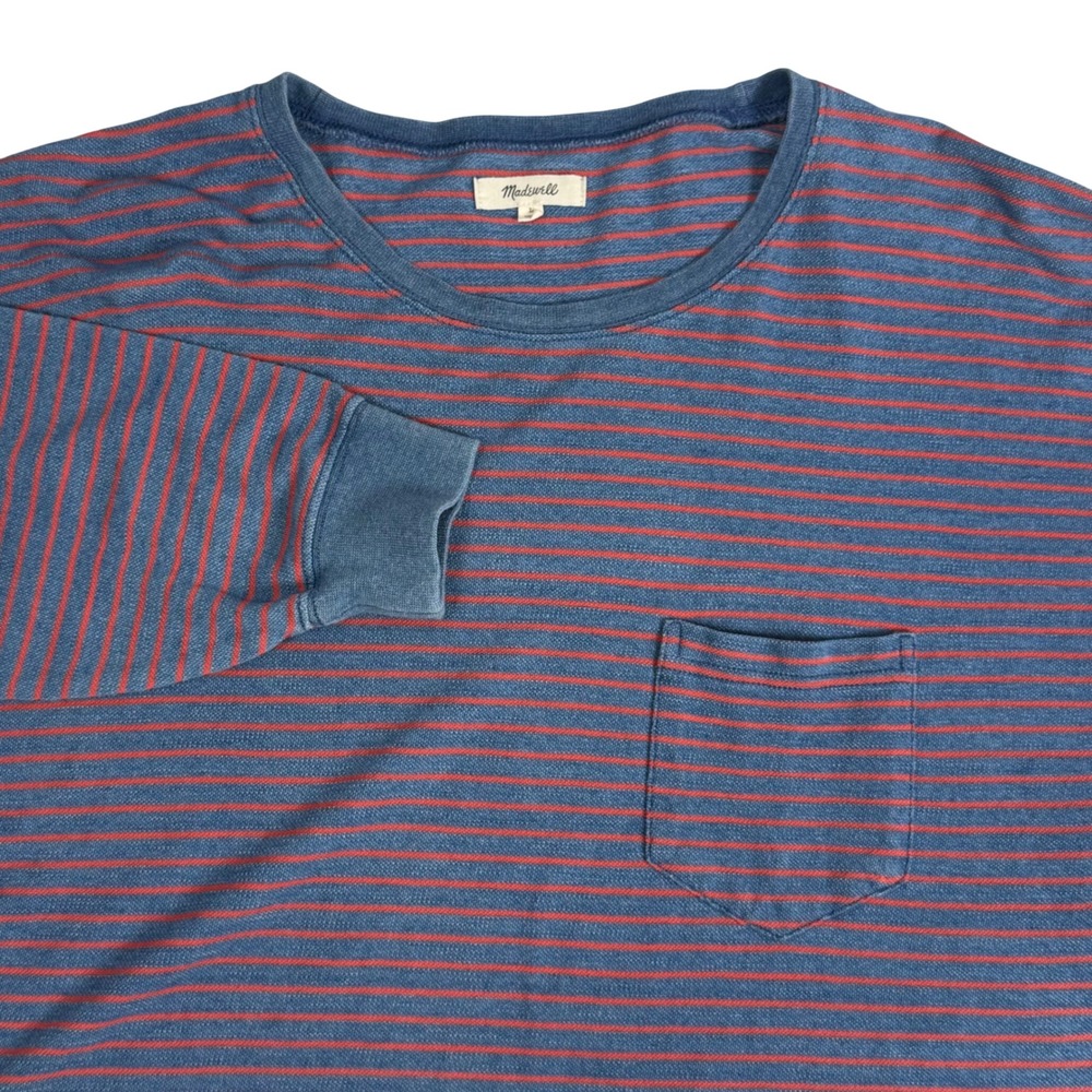 Madewell Drop Sleeve Pocket Tee Indigo Stripe Long Sleeve Pique Knit Womens L